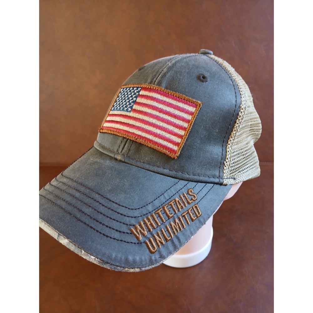 Whitetails Unlimited US Flag Trucker Hat Cap Brown/Tan/Camo Unisex NWOT #1599